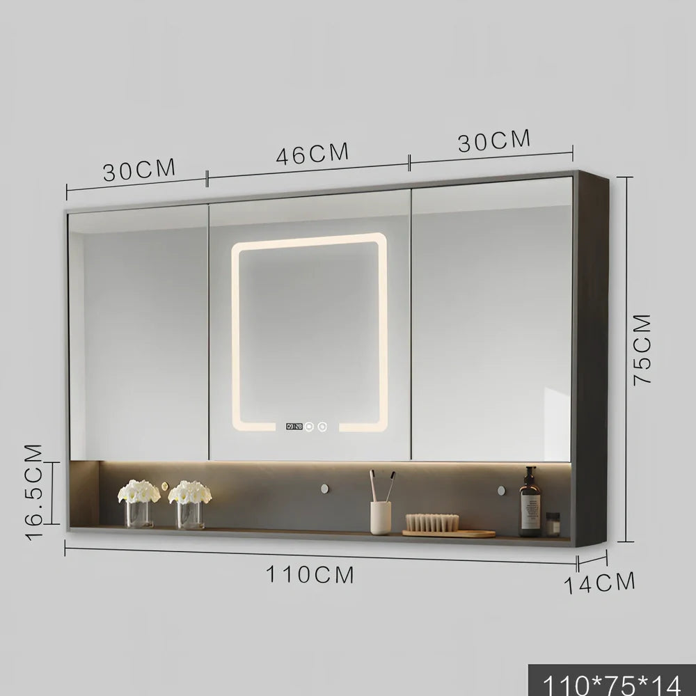 Wall-mounted bathroom mirror cabinet with LED lights and anti-fog technology in solid wood construction