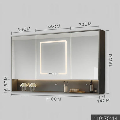 Wall-mounted bathroom mirror cabinet with LED lights and anti-fog technology in solid wood construction
