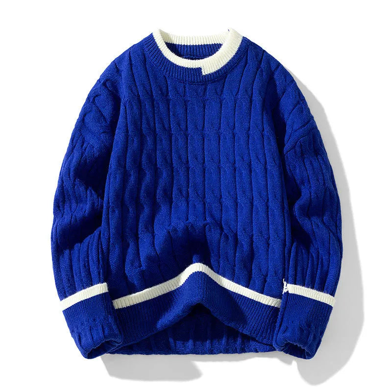 Men's loose fit modal acrylic pullover sweater in light blue on hanger
