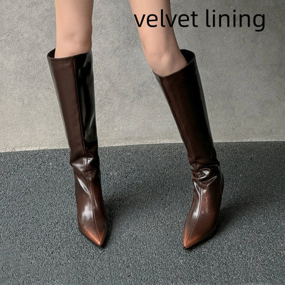Black cowhide wedge boots with pointed toes and 6-8cm heels, high cylinder design