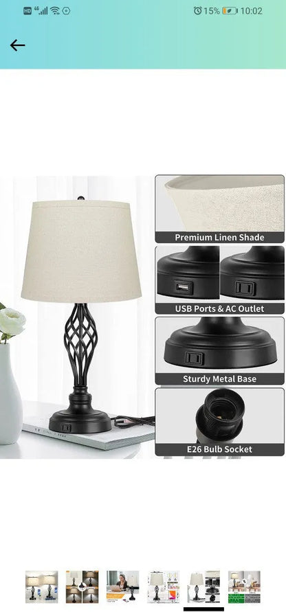 European-style alloy bedside lamp with touch controls and USB charging port, dimensions 35x15x25cm