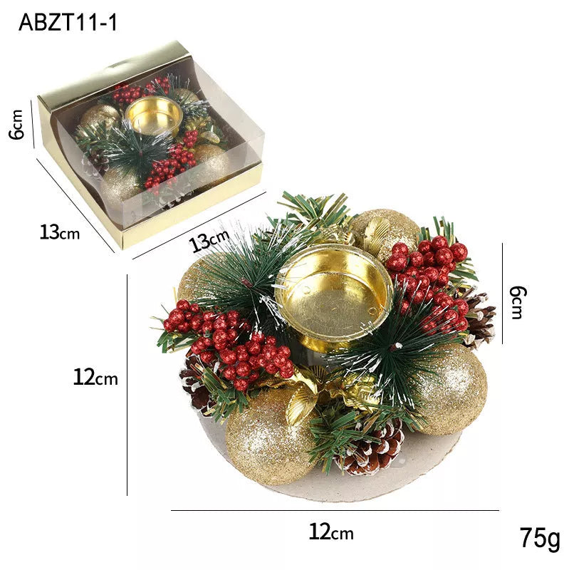 Christmas candlestick wreath with artificial pinecones and fake leaves for holiday decor