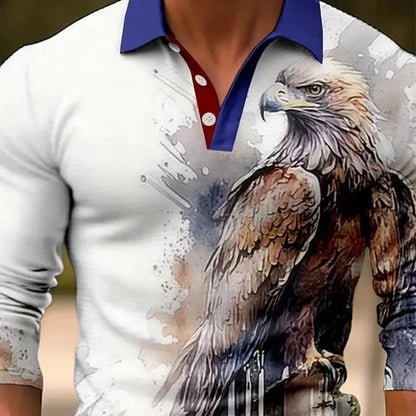 Men's long sleeve button-up polo shirt in a loose fit, made from a polyester blend fabric.