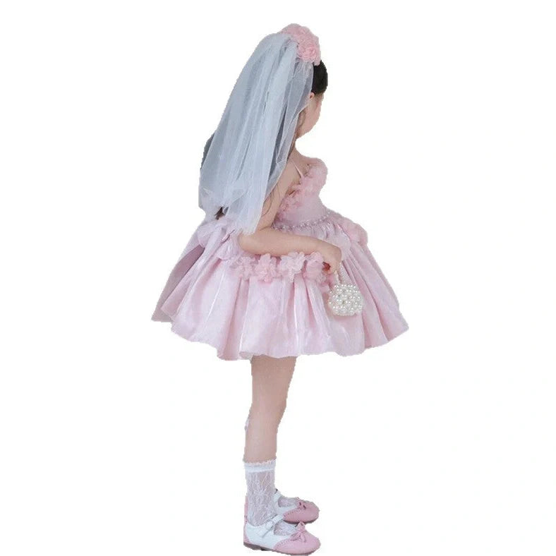 Pink polyester flower girl wedding pettiskirt with princess design, shown on mannequin