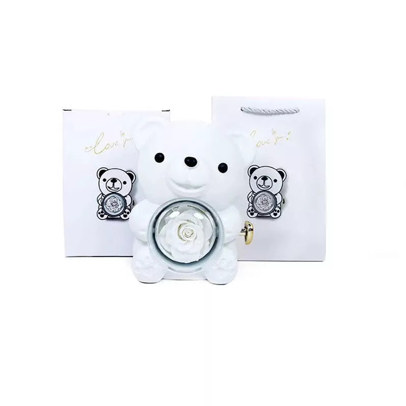Eternal Rose Teddy Bear Jewelry Box with rotating drawer and preserved rose