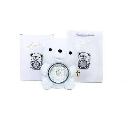 Eternal Rose Teddy Bear Jewelry Box with rotating drawer and preserved rose