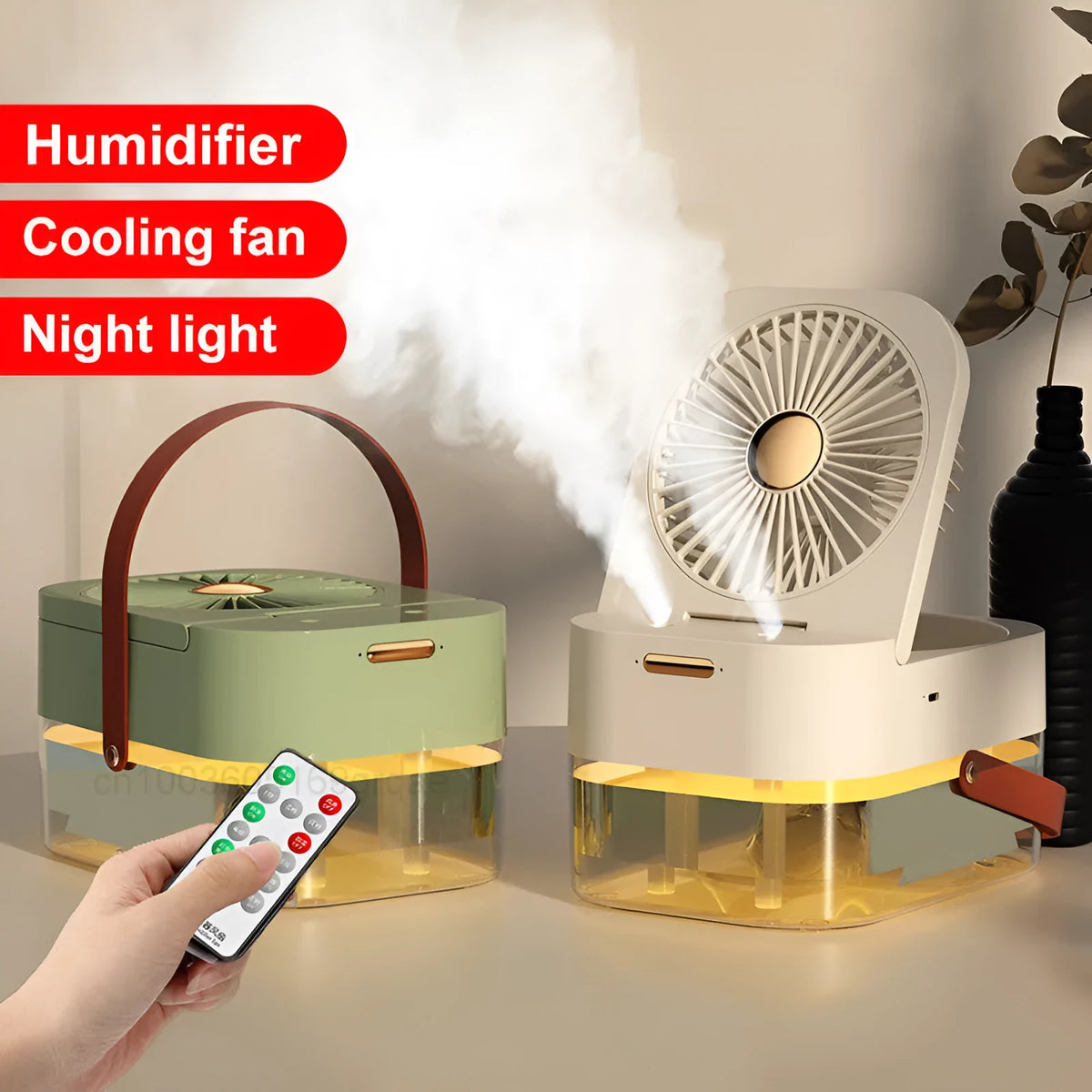 White or green USB desktop mist fan with large water tank, remote control, and dual spray nozzles on a desk.