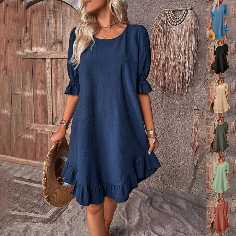 Cotton linen ruffle short-sleeved dress in various colors for summer
