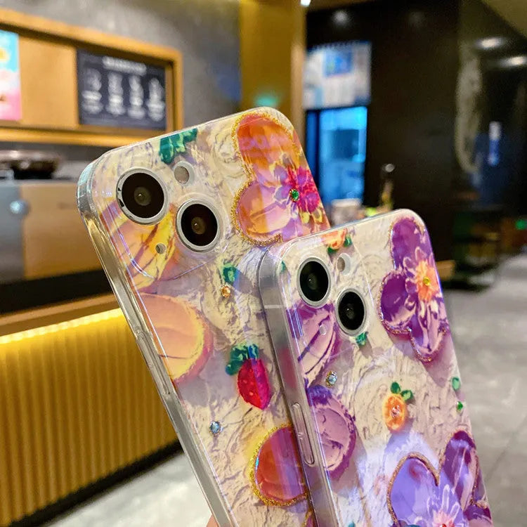 Purple soft rubber phone case with epoxy oil painting flower and blue diamond inlay design