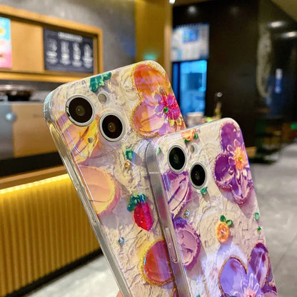 Purple soft rubber phone case with epoxy oil painting flower and blue diamond inlay design