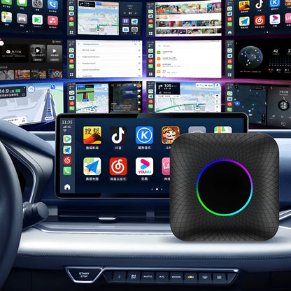 Square-shaped wireless CarPlay adapter box for cars with Android 13 system.