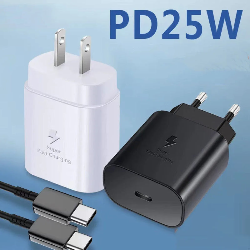 25W PD Super Fast Charge USB-C Charger Plug 3000mA 9V Output for Samsung Note10 S20 S21 S22, UK/EU/US Plug Options in Black or White