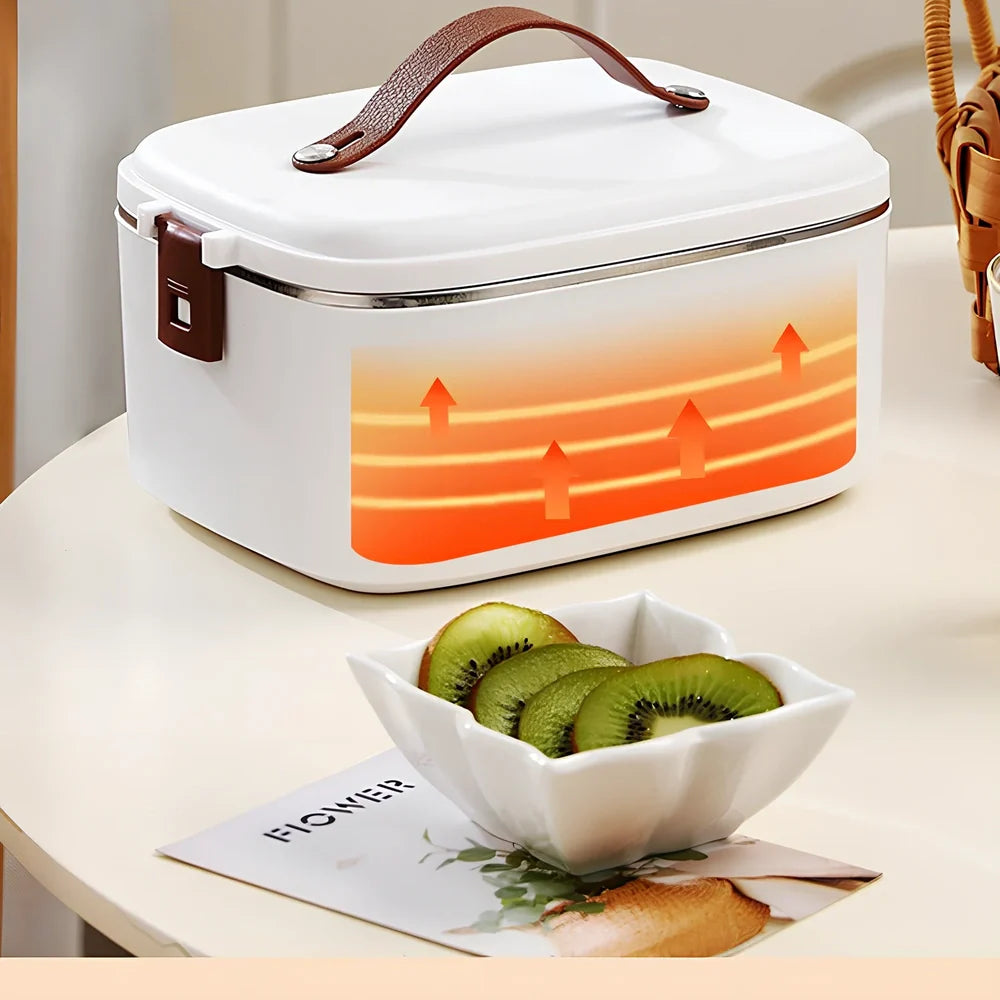 White car heating lunch box with stainless steel interior showing power cords and utensils