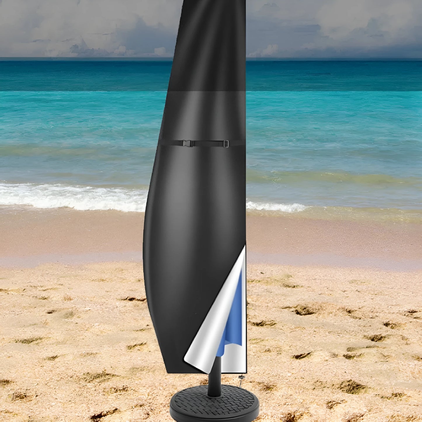 Black waterproof banana-shaped offset umbrella cover for garden furniture.