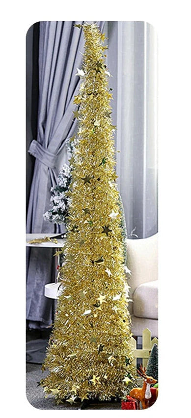 Collapsible artificial Christmas tree with sequin decorations in silver, green, gold, red, and blue options