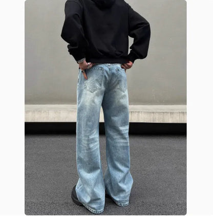 Men's blue retro straight jeans with whisker washing and flared leg detail