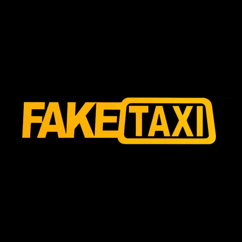 Waterproof FAKE TAXI car sticker in black, 20cm by 8cm, on a vehicle window.