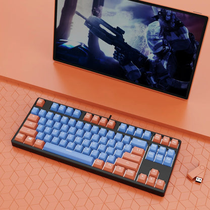 87-key mechanical keyboard with two-tone coloured keycaps on metal case