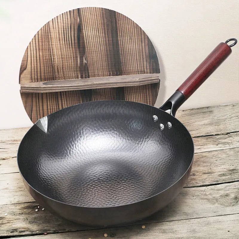 Traditional handmade iron wok pan with wooden handle, 40 cm diameter cooking surface