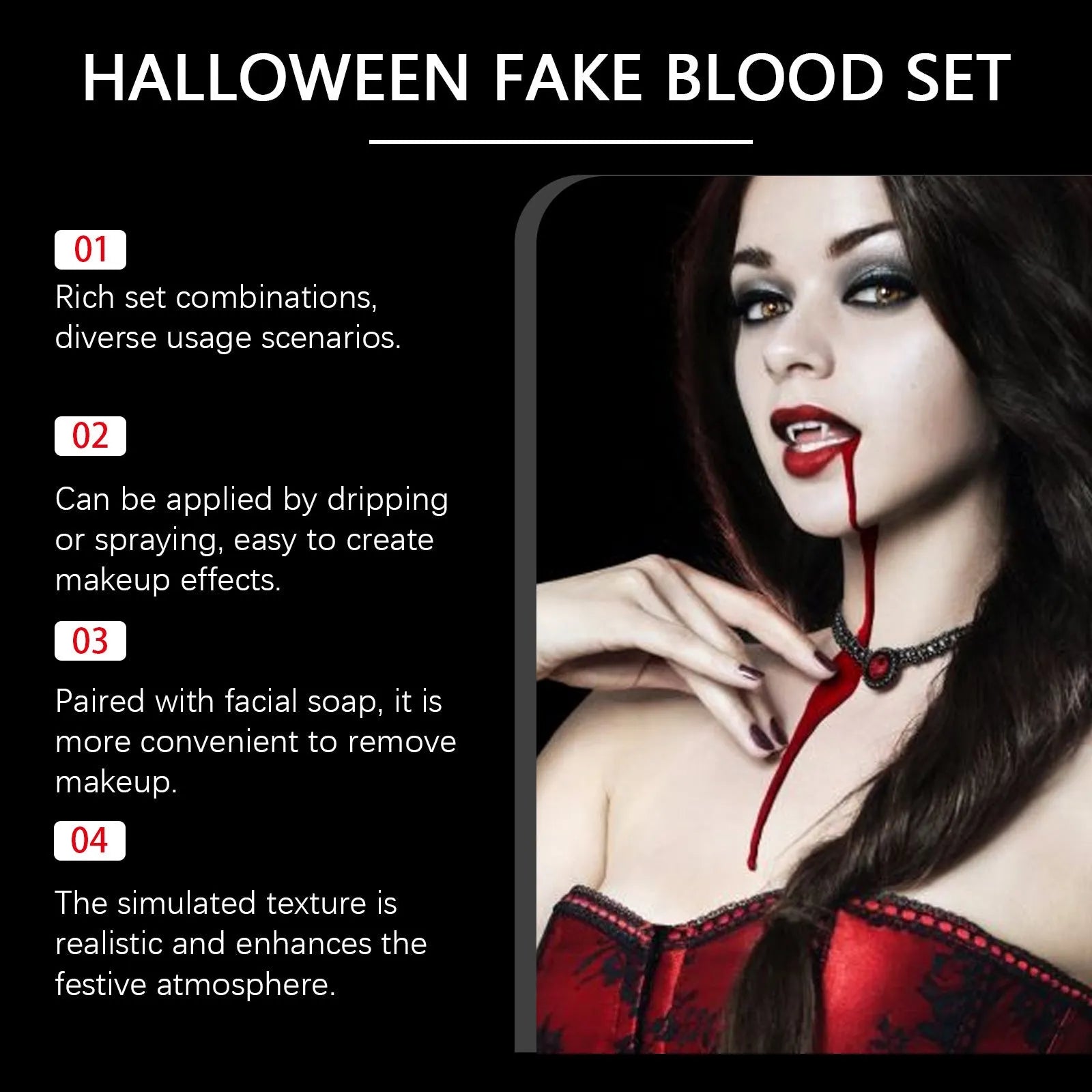 3-piece washable fake blood set with plasma drops, plasma spray, and surface soap for horror special effects makeup