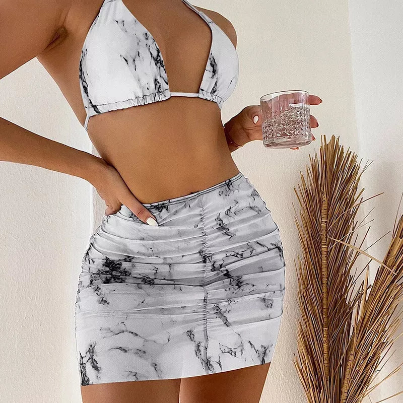 Split Bikini Three-piece Suit in white and brown, perfect for swimming and beach outings