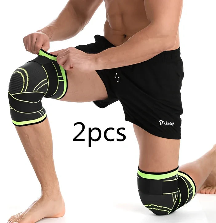 Outdoor sports pressure knee pads in fluorescent green, breathable polyester construction for mountaineering and cycling