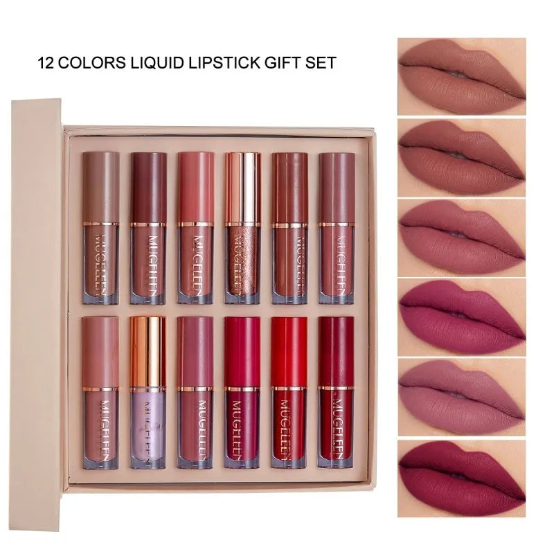 Matte shimmer lip glaze set with 12 transfer-resistant colours in display packaging