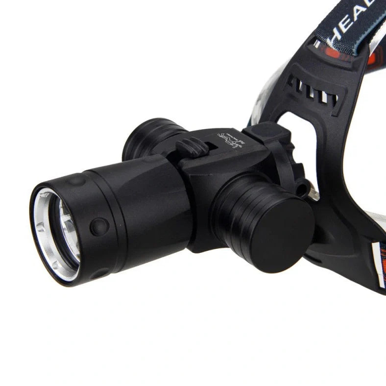 Aluminium alloy diving headlight with elastic headband showing 200-metre irradiation and 80-metre waterproof rating