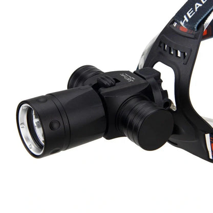 Aluminium alloy diving headlight with elastic headband showing 200-metre irradiation and 80-metre waterproof rating