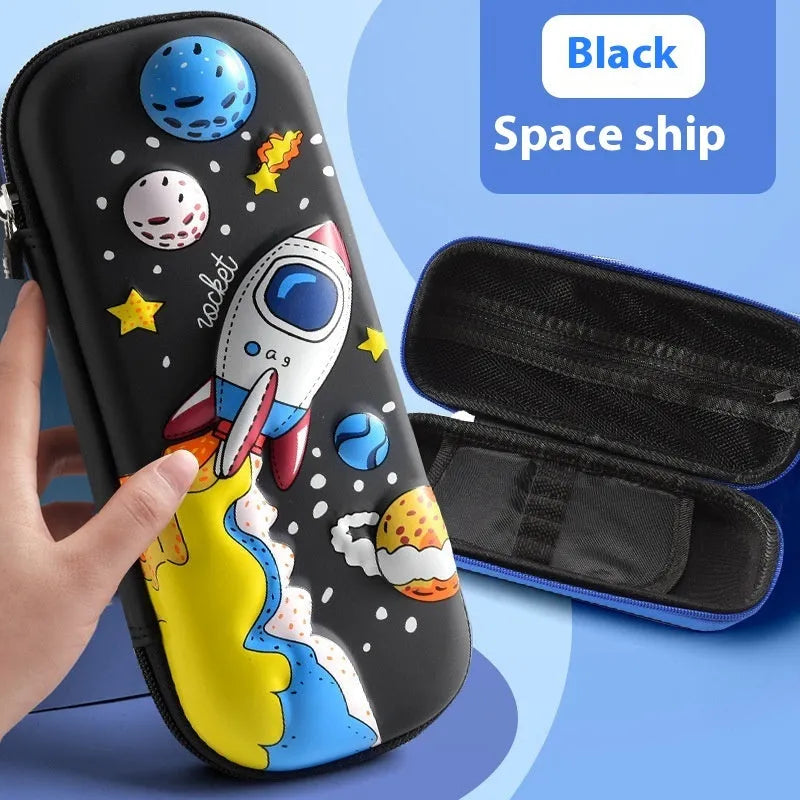 Leather 3D pencil case showing design themes: dinosaur, astronaut, mermaid, unicorn, and spaceship.