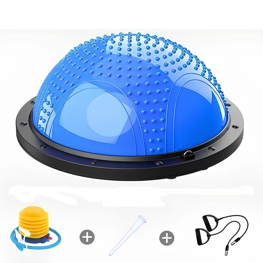 Blue Pilates exercise ball with inflation pump and storage accessories for home fitness