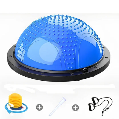 Blue Pilates exercise ball with inflation pump and storage accessories for home fitness