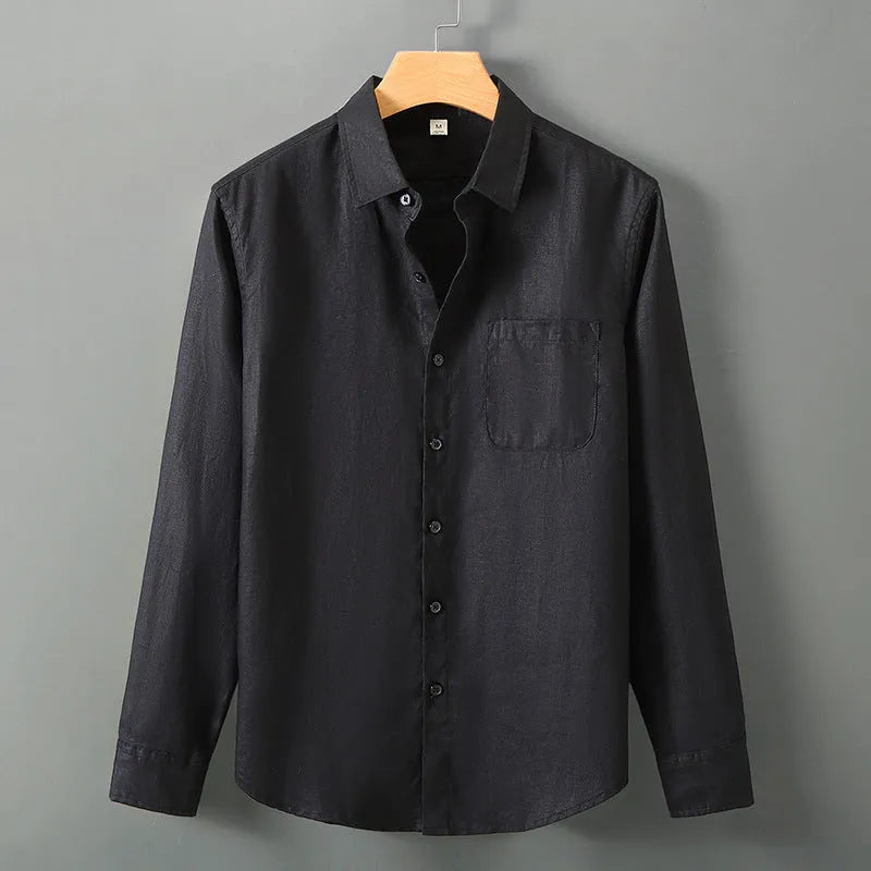 Long sleeve linen cardigan in a Chinese style, shown in a solid colour on a model.