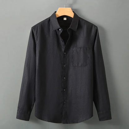Long sleeve linen cardigan in a Chinese style, shown in a solid colour on a model.