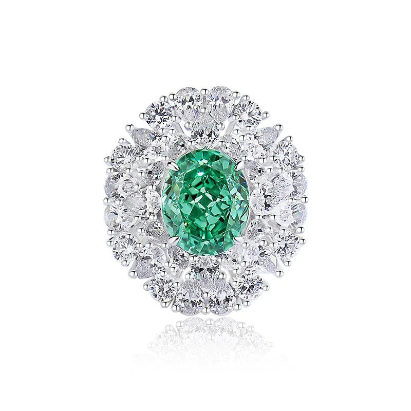 S925 silver emerald ring with palaibahao inlaid high carbon diamond, geometric design with elliptical elements