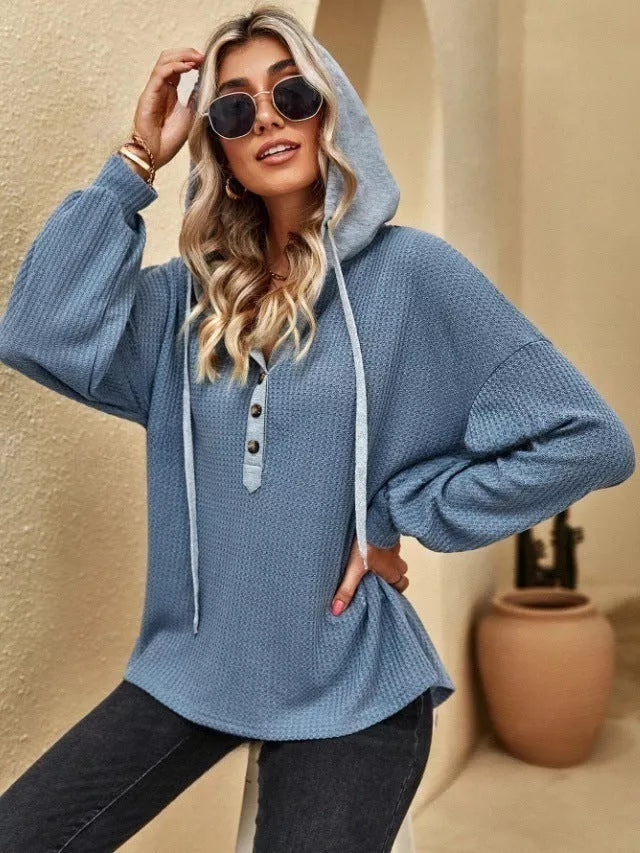 Casual sports button hooded sweatshirt in army green, pink, and blue
