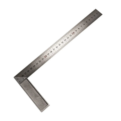 Two red thin 7-inch metal combination angle rulers with metric markings on a surface.