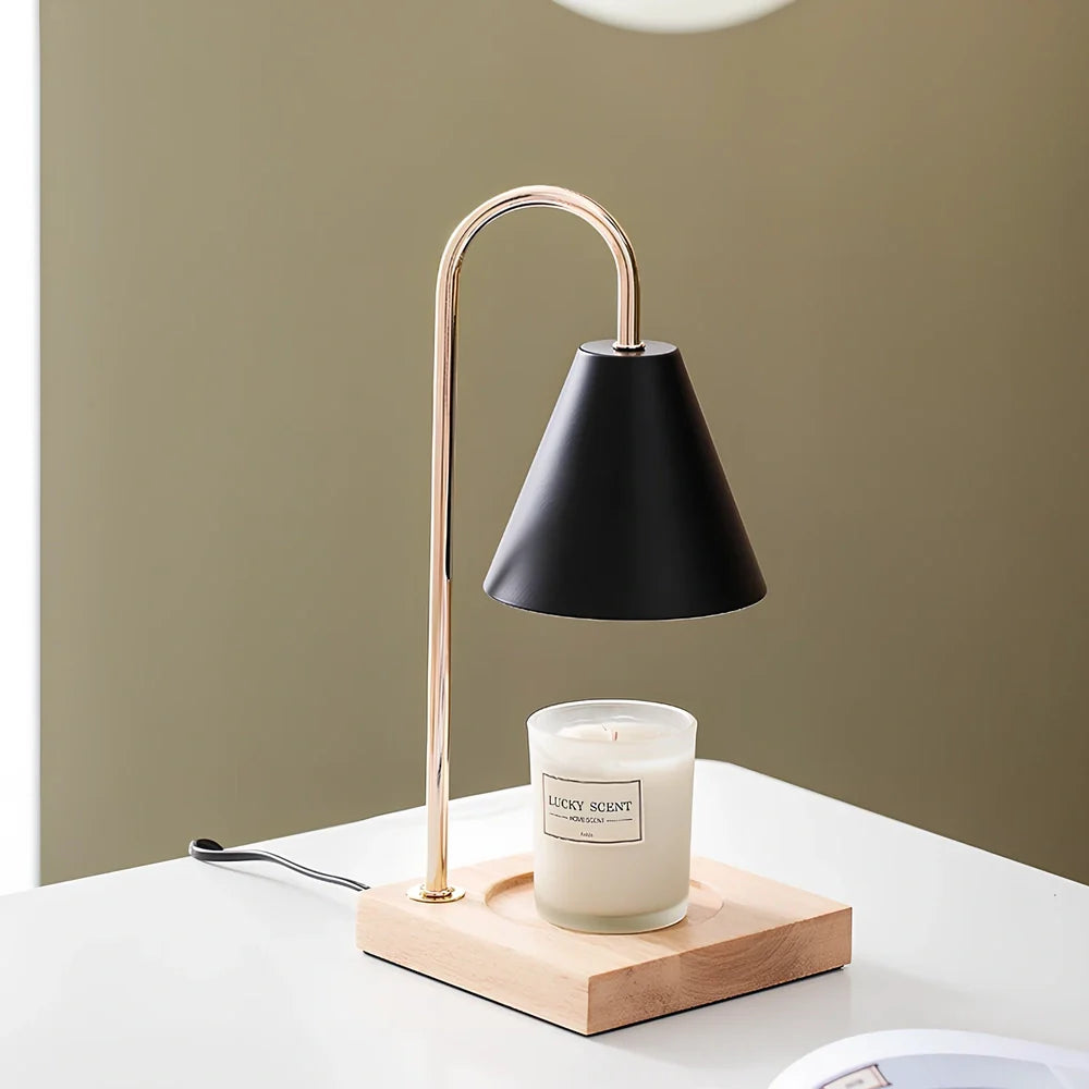 Wooden aromatherapy wax melting lamp with dimmable lighting and iron art metalwork