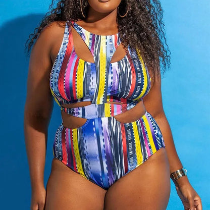 Plus size ethnic print one-piece swimsuit with high elasticity fabric