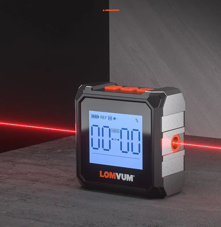 Longyun digital inclinometer with backlight display showing measurement readings on alloy casing