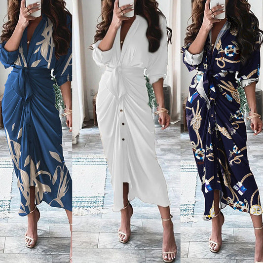 Elegant Floral Print Lace-Up Maxi Dress with Deep V-Neck, Long Sleeves, and Flattering Silhouette