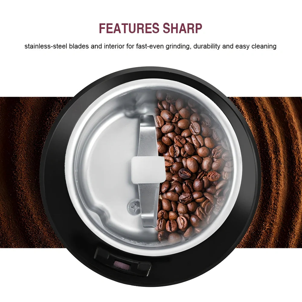 Black mini grinder with stainless steel liner measuring 94mm×68mm×198mm for grinding coffee and spices