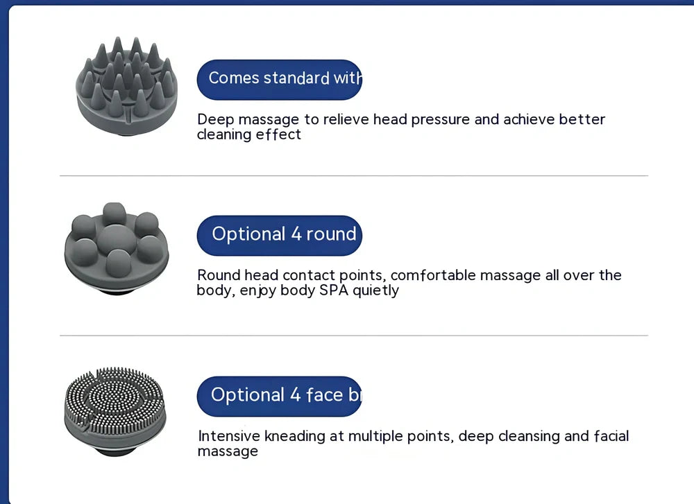 Automatic scalp massager with 8 blue silicone heads arranged in circular pattern on white background