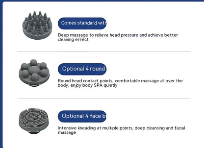 Automatic scalp massager with 8 blue silicone heads arranged in circular pattern on white background