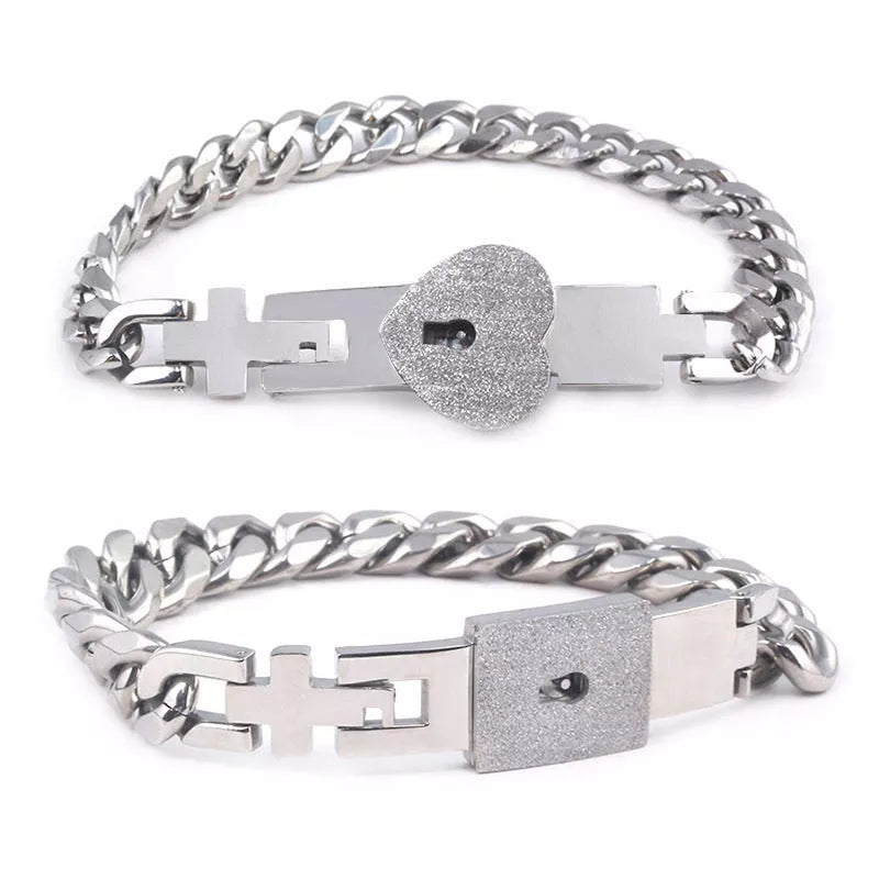 Titanium Steel Couple Love Lock Bracelet and Key Set in various colors