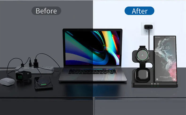 Wireless charging stand with vertical 3-in-1 design for mobile phone, smartwatch, and headphone charging featuring Qi protocol 15W output, Type-C input, and PC+ABS construction measuring 155 x 115 x 75mm
