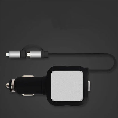 Black and gold dual USB car charger with retractable cable plugged into vehicle power socket