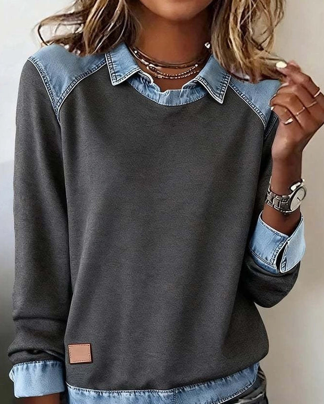 Denim collar long sleeve pullover with patchwork knitwear in street fashion style, available in multiple colours