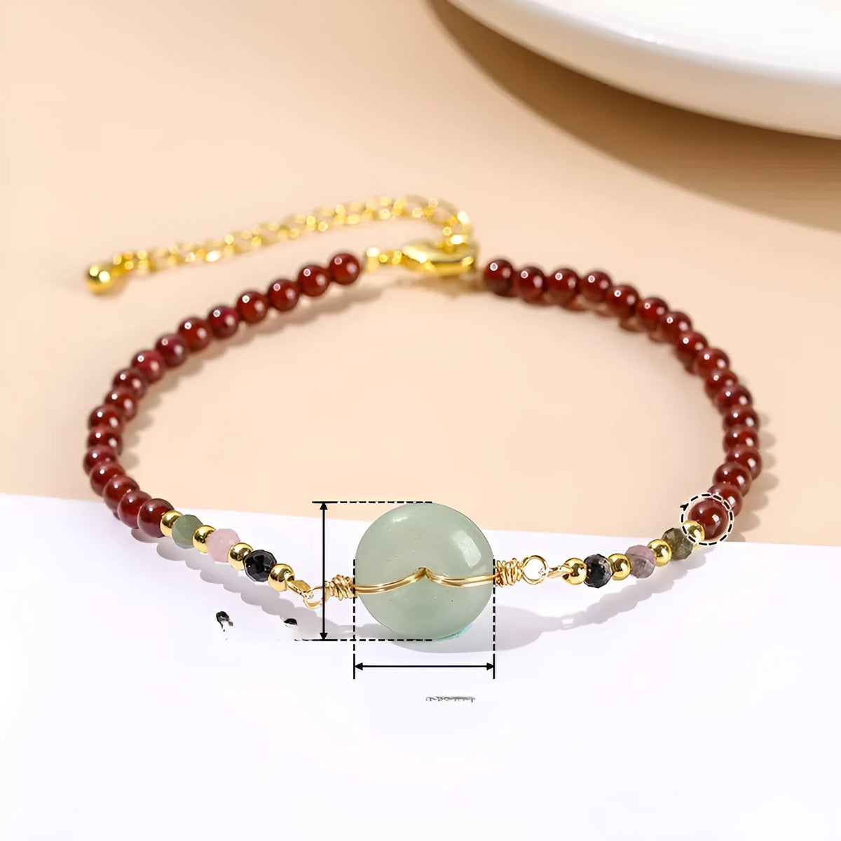 Chinese crystal agate and jade bracelet with round beads and garnet safety buckle