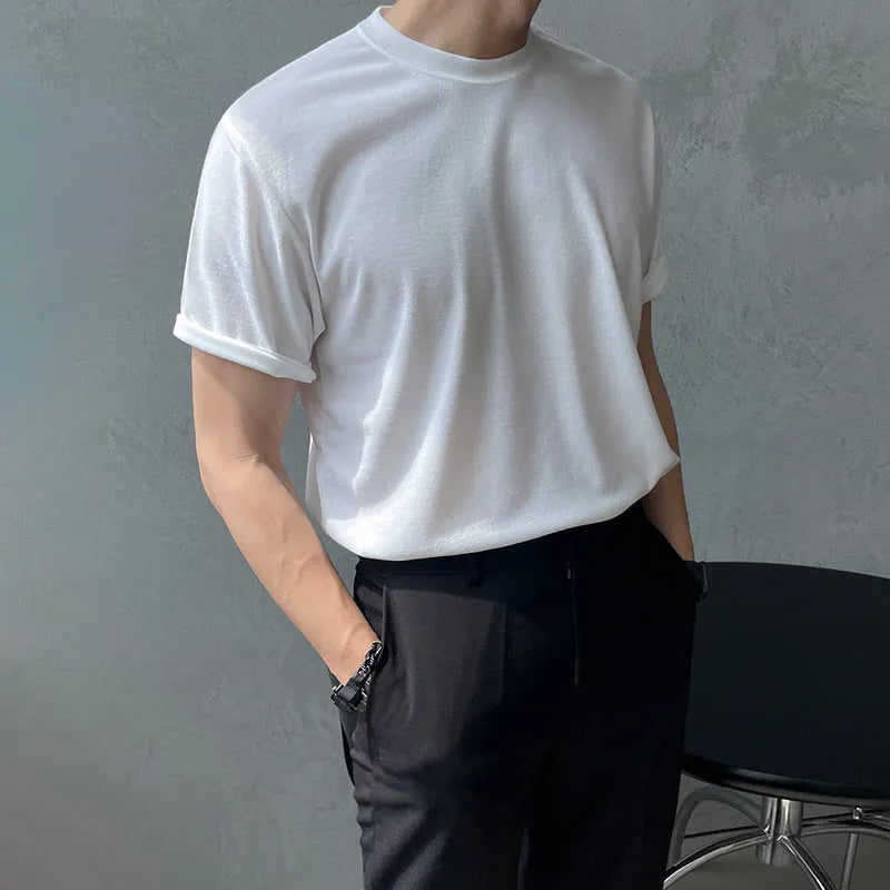 Men's slim fit cotton t-shirt in black with half sleeves and round neck